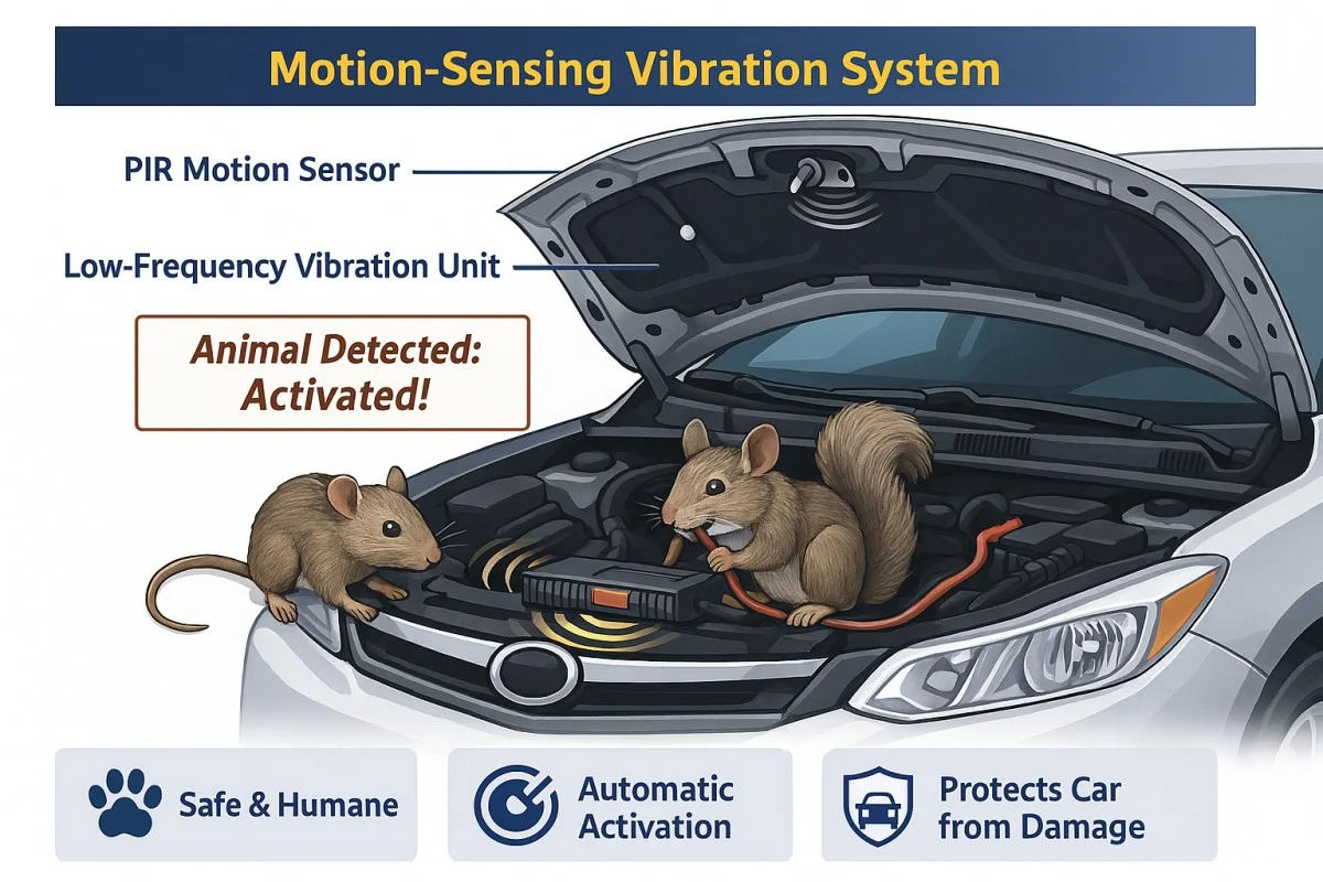 動物が車のボンネットに座るのを防ぐためのモーションセンサー低消費電力振動ユニット